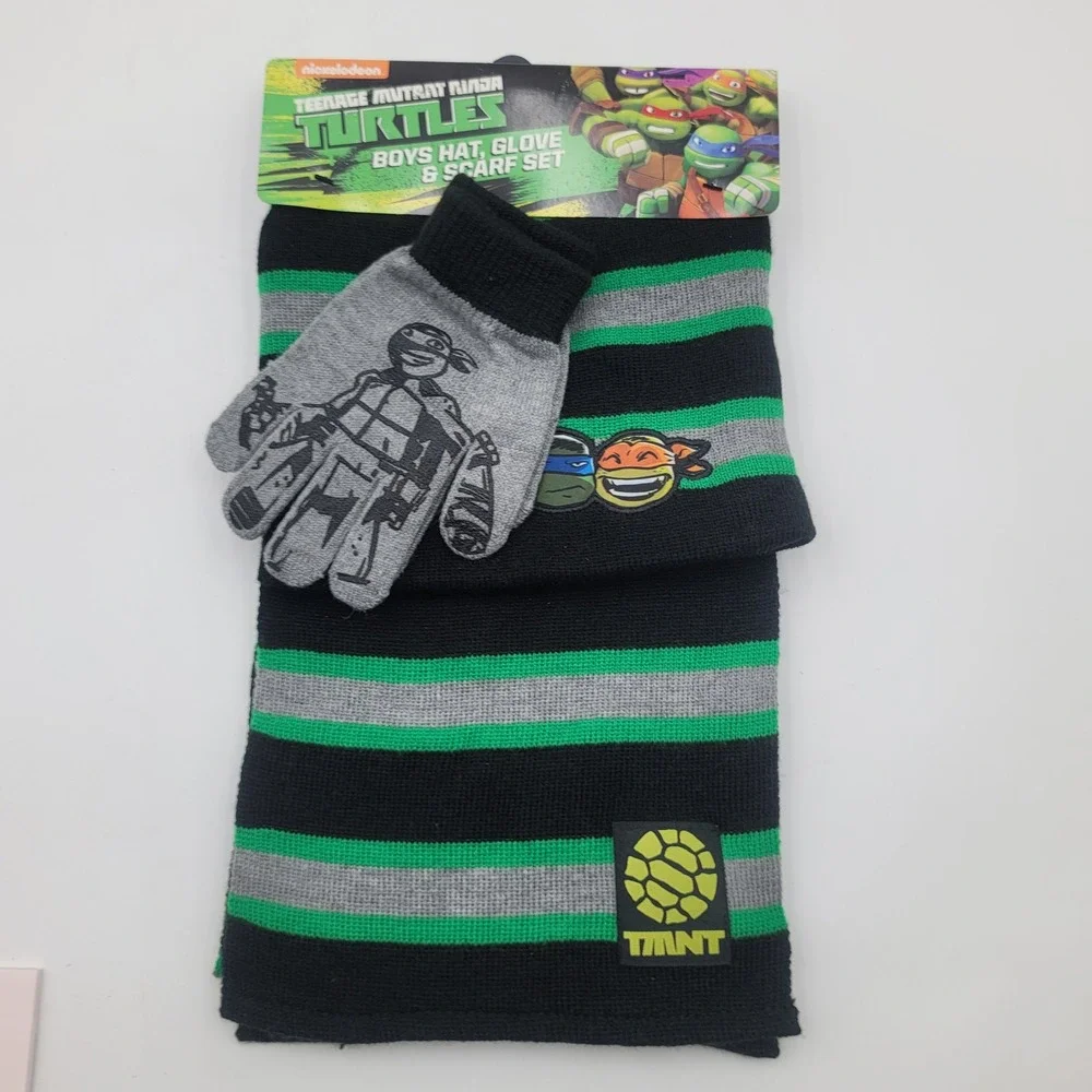 TMNT Boys Hat Glove and Scarf Set Nickelodeon Ninja Turtles Green Black Striped